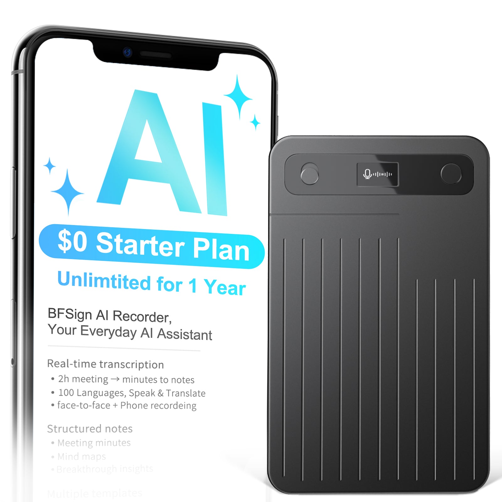 Note Pro AI Voice Recorder, 64GB AI Recorder with Transcription, Real-Time Translate 100 Languages, AI Meeting Minutes & Mind Maps, Magnetic Design, 400mAh Battery